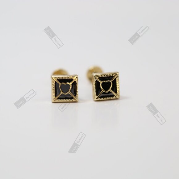 5mm Solid 14K Gold Square Stud Earrings with Black Heart Center • Elegant Design - Picture 3 of 8